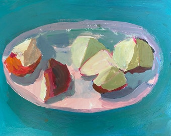 Fruit still life, cut up apples, acrylic painting on heavy paper by christineparker modernimpressionist, fine art, 9x12 inches, unframed