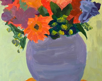 Floral still life colorful flowers original acrylic painting on 16x12 inch gessobord by Christine Parker