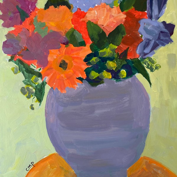 Floral still life colorful flowers original acrylic painting on 16x12 inch gessobord by Christine Parker