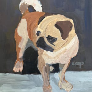 May include: An original painting of a pug dog. The dog is depicted in a semi-realistic style with a light brown, white, and black coat. The background is a dark blue-gray, and the dog is standing on a light gray surface.
