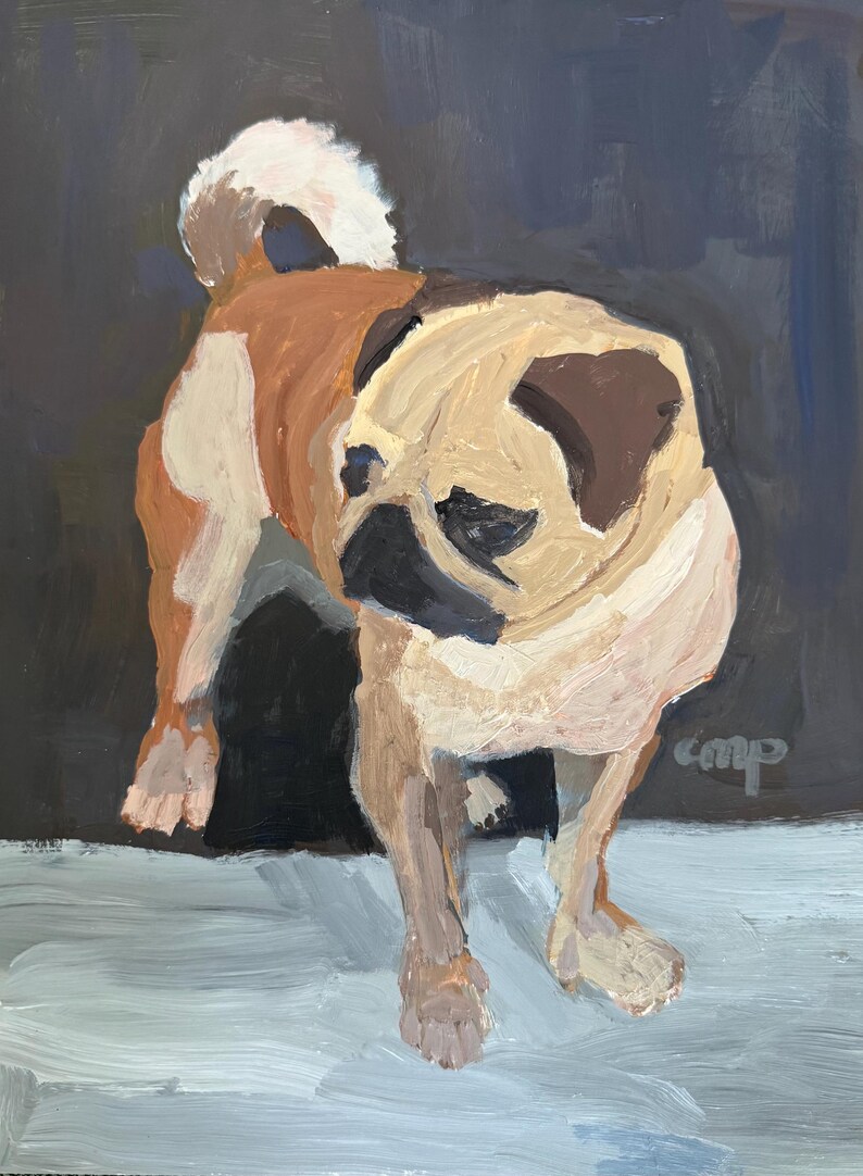 May include: An original painting of a pug dog. The dog is depicted in a semi-realistic style with a light brown, white, and black coat. The background is a dark blue-gray, and the dog is standing on a light gray surface.