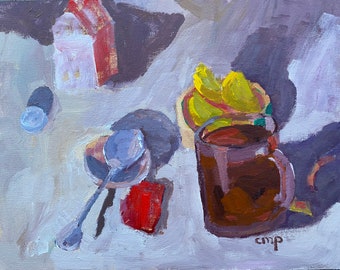 Still life with tea, original acrylic painting by Christine Parker, modernimpressionist handmade home decor 11x14 inches