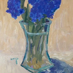 Original acrylic hyacinths in a vase by Christine Parker modernimpressionist, 12x9 inch cradled gessobord image 1