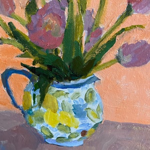 Bodegón de tulipán pintura acrílica impresionista original sobre lienzo de Christine Parker Reservado S imagen 3