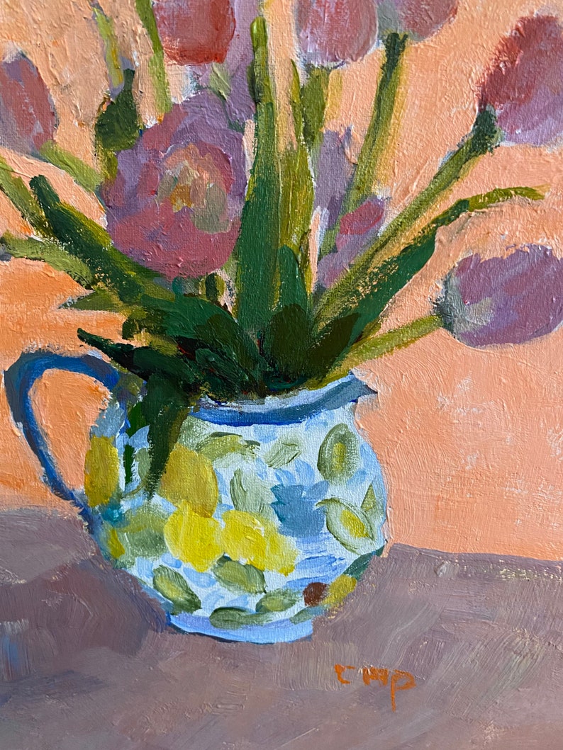 Bodegón de tulipán pintura acrílica impresionista original sobre lienzo de Christine Parker Reservado S imagen 3