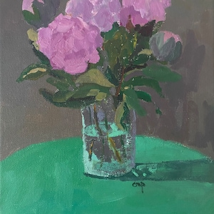Pink peonies in vase original acrylic painting, still life by Christine Parker modernimpressionist, 12,9x7/8 inch stretched canvas