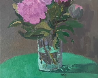 Peinture acrylique originale de pivoines roses dans un vase, nature morte par Christine Parker modernimpressionist, toile tendue de 32,9 x 7/8 po.