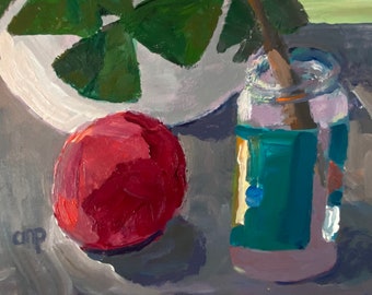 Still life with plant and Apple Original acrylic painting by Christine Parker wall or shelf art