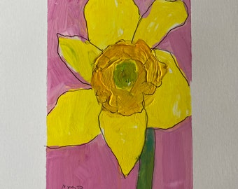 Original small daffodil painting @6x4 1/3 inch paper by modernimpressionist Christine Parker