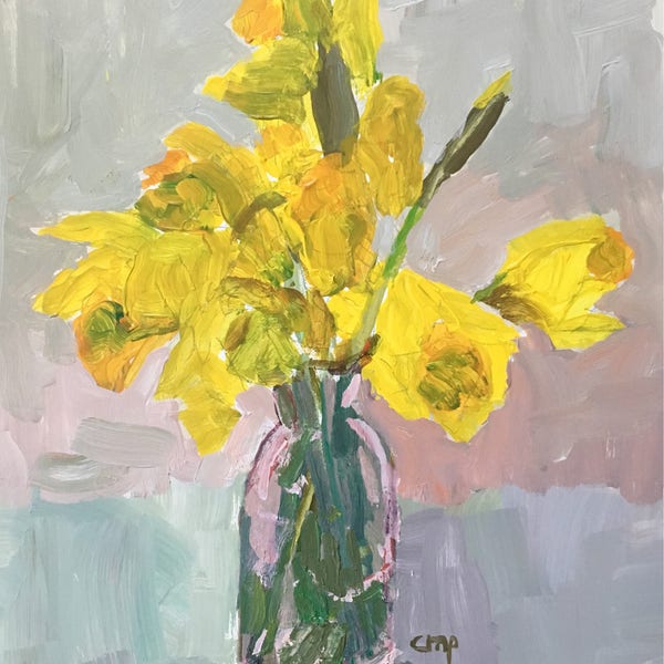 Still life,Daffodil painting, original painting acrylic on 10x8 inch gessobord modern impressionist Christine Parker fine art Valentine gift