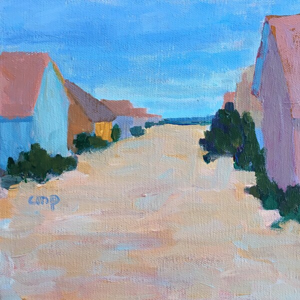 Beach cottages painting, original fine art, 8x8 inch acrylic painting on 1 inch deep gallery wrapped canvas, modern impressionist, wall art