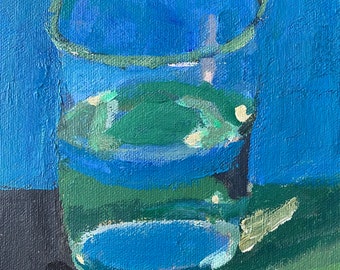 Glass of water abstract painting original acrylic painting by modernimpressionist Christine Parker, 7x5 x1/8 inches