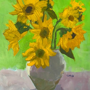 Sunflowers in vase original acrylic painting on 16x12 inch gessobord