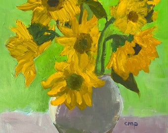 Sunflowers in vase original acrylic painting on 16x12 inch gessobord