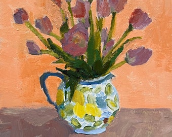 Tulipe nature morte peinture acrylique impressionniste originale sur toile entoilée par Christine Parker Réservé S