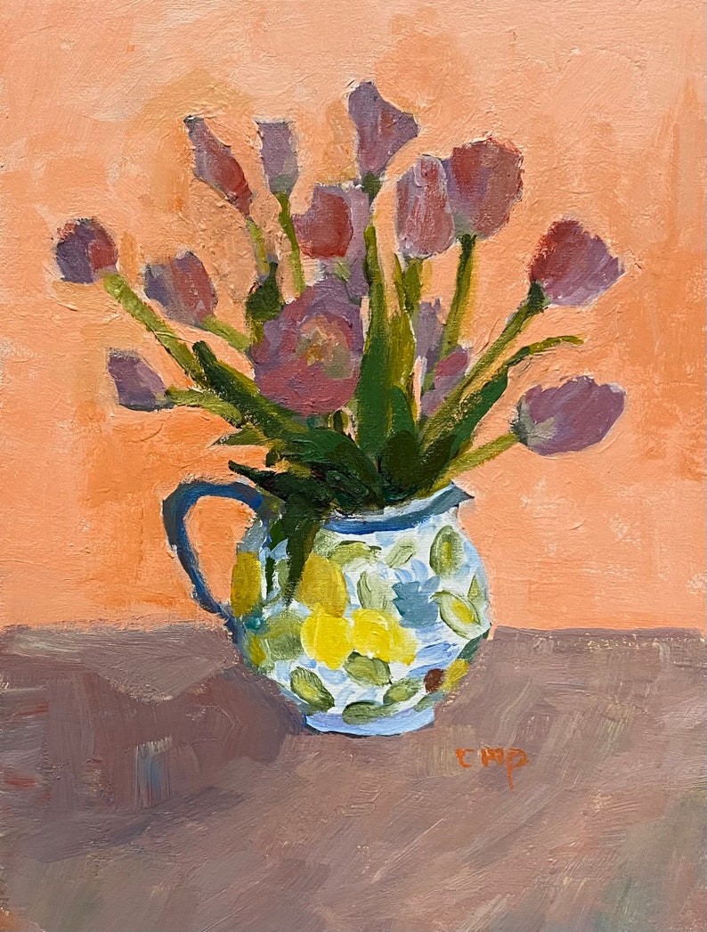 Bodegón de tulipán pintura acrílica impresionista original sobre lienzo de Christine Parker Reservado S imagen 1