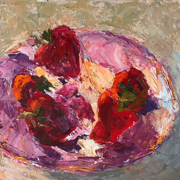 Abstract strawberries on 8x8 inch heavy paper, christine parker , modern impressionist, wall art, colorful art, expressionist , red