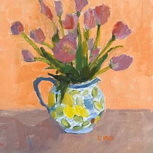 Tulip still life original impressionist acrylic painting on canvas board by Christine Parker Reserved S afbeelding 2