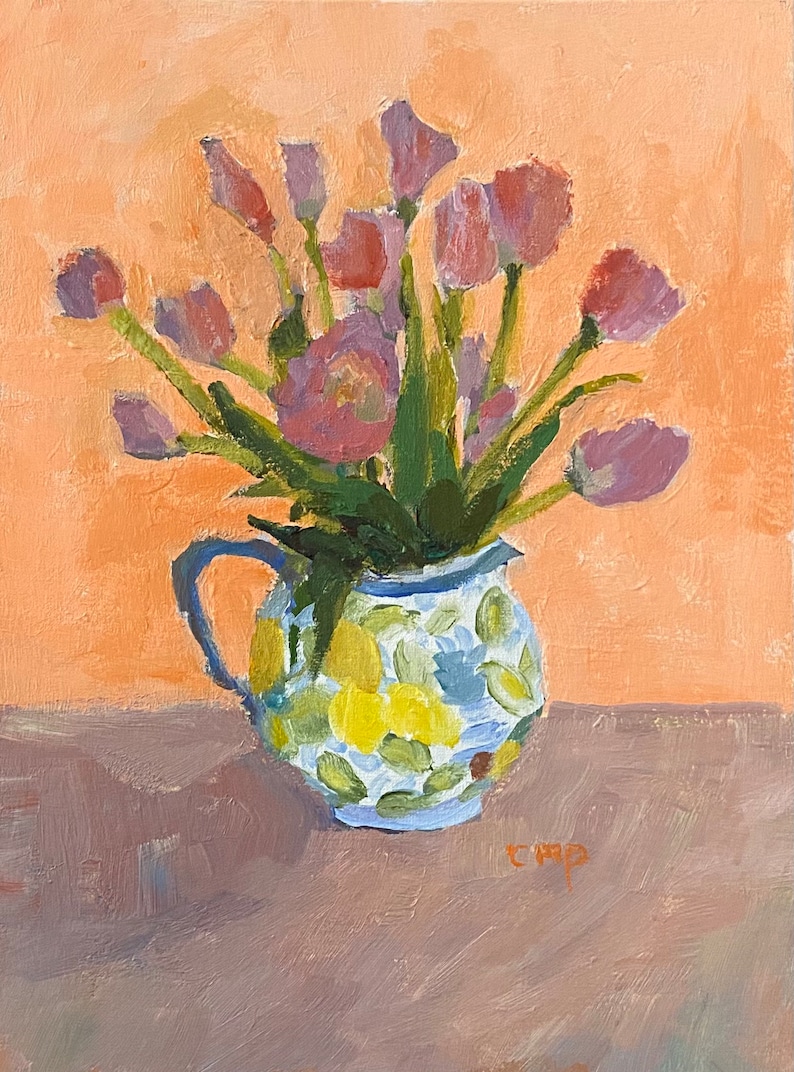Bodegón de tulipán pintura acrílica impresionista original sobre lienzo de Christine Parker Reservado S imagen 2