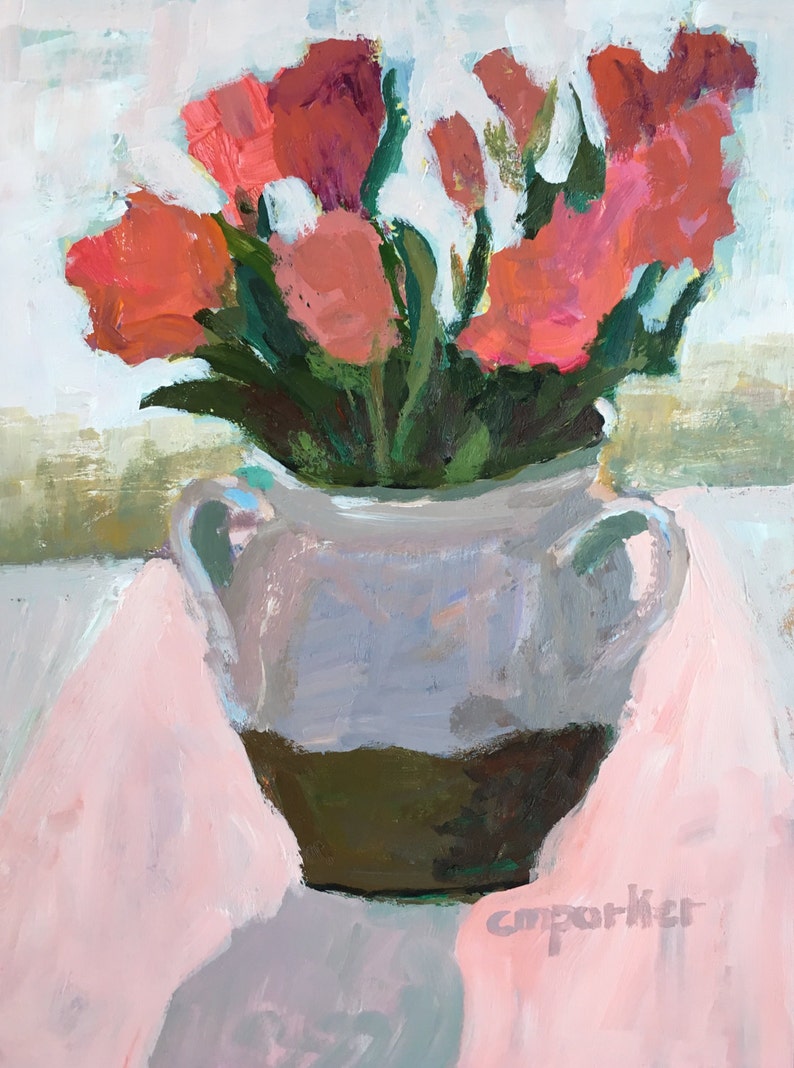 Art and Collectibles Flowers in Vase Red Pink Art Etsy