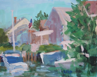 Bateaux dans la lagune III, peinture acrylique originale sur toile tendue 8 x 10, impressionniste moderne, christineparker
