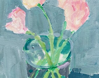 Painting of pink tulips in glass, original acrylic painting on heavy 8x6 inch multimedia paper by Christine Parker