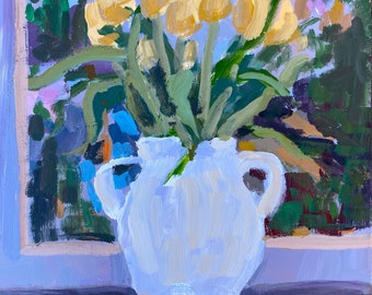Flowers in vase, yellow tulips original acrylic painting on 10x8 inch gessobord by Christine Parker modernimpressionist Etsy