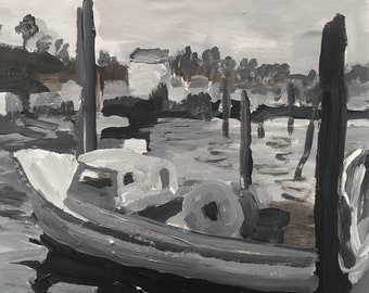 Black and white boat painting, original acrylic painting on board, 10x8 inch painting, modernimpressionist Christine Parker