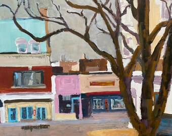 Streetscape small town, original acrylic painting on gesso board, 11x14 inch painting  by Christine Parker modern impressionist