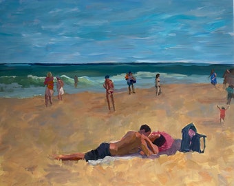 Paysage marin impressionniste original, représentant des personnages sur la plage, 61 x 30 x 25 cm (3/8 po.) par Christine Parker