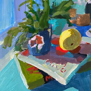 Still life with plants and books original acrylic on 10x8 inch gessobord by Christine Parker, modernimpressionist