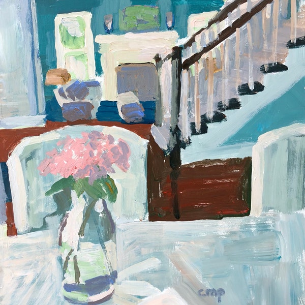 Interior with pink flowers, original acrylic painting on 14x11" gessobord, fine art, modern impressionist, christineparker,reserved T