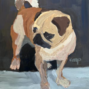 May include: An original painting of a pug dog. The dog is depicted in a standing pose, with a light brown and white coat, and a black face. The background is a dark blue-gray, and the dog is standing on a light gray surface.