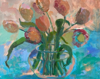 Fleurs dans un vase, nature morte aux tulipes, peinture acrylique originale sur toile tendue de 16 x 16 pouces par Christine Parker, impressionniste moderne