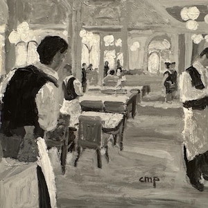 Figurative restaurant scene original black and white acrylic painting by Christine Parker modernimpressionist