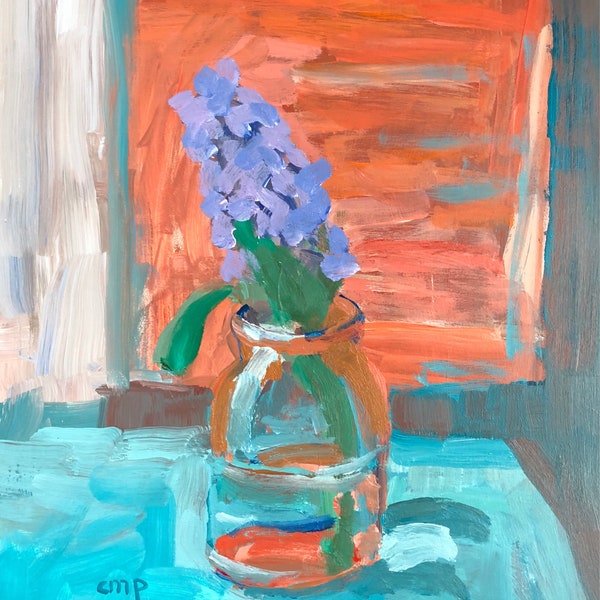 Hyacinth purple flower in vase, floral still life, flower art, modern art, original acrylic painting on 10x8" gessobord, modernimpressionist