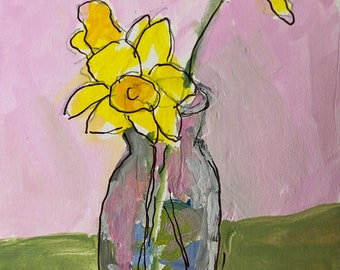 Daffodils in vase tiny gouache painting &6x4 1/2 paper by Christine Parker modernimpressionist