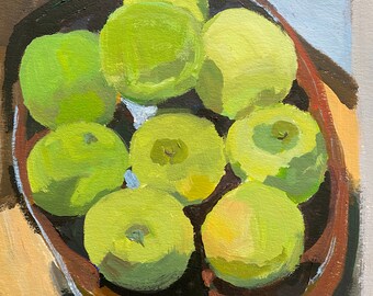 Still life with green apples original acrylic painting on 12x9 inch acid free watercolor paper by Christine Parker, modernimpressionist/Etsy