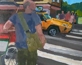 Figurative streetscape by Christine Parker, original acrylic painting on 9x12 inch heavy paper