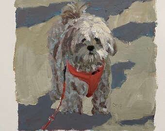 Dog painting on heavy paper, original acrylic painting 7 1/4 x 7 1/4 inch image with white border by Christine Parker modernimpressionist