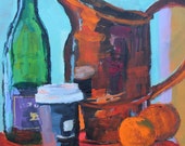 Art and Collectibles, fine art, Still Life Painting, original art, Copper, Clementines, Wine and Take Out Coffee Container 9x12 acrylic