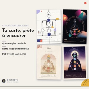 Könnte beinhalten: Vier rechteckige Poster mit Human-Design-Diagrammen, geometrischen Körpergrafiken und himmlischen Motiven. Der Text enthält "AFFICHE PERSONNALISEE", "Ta carte, prête à encadrer", "Quatre styles au choix", "Nette jusqu'au format A3", "PDF livré le jour même", "NORA", "FELIX", "Lina", "Sami" und "ROSMARYN HUMAN DESIGN".