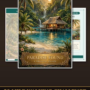 May include: A printable adventure kit titled Paradise Found A Tropical Escape featuring a thatched hut over turquoise water with a waterfall and palm trees. The kit includes maps, postcards, and a certificate for a 50 Mile Walking Challenge.