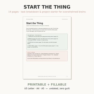 Puede incluir: Un documento de 14 páginas imprimible y rellenable para la gestión de tareas titulado Start the Thing. La página incluye secciones para The Method Four Moves, What's Inside e instrucciones para el desglose de tareas.