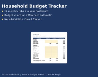 May include: A digital household budget tracker spreadsheet template featuring a Jan Budget table with columns for Category, Budget, Actual, and Difference. Text includes Household Budget Tracker, 12 monthly tabs, and Excel + Google Sheets.