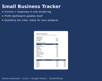 May include: A Small Business Tracker digital template on a dark blue background. Text includes: Income + expenses in one simple log, Profit dashboard updates itself, Quarterly tax view, ready for your preparer. Includes a Business Dashboard table.