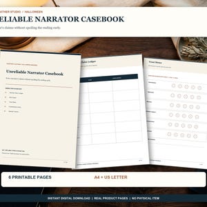 May include: A set of printable pages titled Unreliable Narrator Casebook, including a Claim Ledger and a Trust Meter. The documents feature black text on a cream background, with sections for tracking claims and rating narrator reliability.