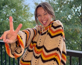 Desert Daydream Blanket Pullover | 70s Retro Zigzag Sweater | Boho Floral Collar | Handmade Cozy Hippie Style Road-Trip Top