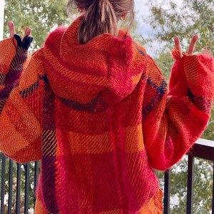 The Snowbird Wool Hoodie | Rust Orange, Hot Pink & Navy | Fringe Sleeve Wool Winter Pullover | Vintage Inspired Camping Style