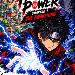 Peut inclure: Une couverture de manga intitulée The Hidden Power Chapter 1 The Awakening montrant un personnage aux cheveux noirs, yeux rouges et bandeau, entouré d'éclairs bleus, avec un village et des montagnes en arrière-plan et le texte par Ren.